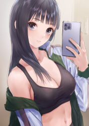 Rule 34 | 1girl, absurdres, black eyes, black hair, black sports bra, blue reflection (series), blue reflection sun, blunt bangs, breasts, cellphone, cleavage, collarbone, hair over breasts, highres, jacket, jacket partially removed, kishida mel, looking at viewer, medium breasts, navel, open clothes, open jacket, phone, selfie, smartphone, solo, sports bra, sportswear, track jacket, xiao meiqi