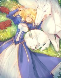 Rule 34 | 1girl, ahoge, animal, animal on head, artoria pendragon (all), artoria pendragon (fate), bird, bird on head, blonde hair, blue sleeves, breasts, cleavage, closed eyes, day, dog, dress, fate/stay night, fate (series), from above, hair between eyes, highres, horse, long dress, long hair, long sleeves, lying, nayu tundora, on back, on head, open mouth, outdoors, rabbit, saber (fate), small breasts, smile