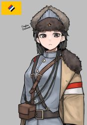 Rule 34 | 1girl, :&lt;, absurdres, belt, black hair, brown belt, brown coat, brown eyes, closed mouth, coat, eyebrows, grey background, hearts of iron, highres, kaiserreich, long sleeves, looking at viewer, messy hair, military, original, pzkpfwi, short hair, simple background, solo, upper body