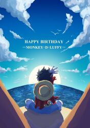 Rule 34 | 1boy, arm up, back, bird, black hair, blue shorts, cloud, commentary request, crossed legs, happy birthday, hat, highres, male focus, monkey d. luffy, ocean, one piece, red shirt, sash, shirt, short hair, shorts, sitting, sky, solo, straw hat, sun, thousand sunny, tokoto, yellow sash