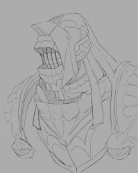 Rule 34 | 1other, absurdres, armor, beamboi, clenched teeth, closed mouth, grey background, greyscale, half-closed eyes, hatching (texture), highres, knight, long hair, mask, monochrome, monster, no pupils, open mouth, original, pauldrons, shoulder armor, simple background, sketch, solo, teeth, upper body, veins