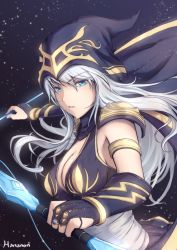 Rule 34 | 1girl, ashe (league of legends), blue eyes, bow (weapon), breasts, bridal gauntlets, cleavage, gradient background, hananon, hood, league of legends, long hair, silver hair, sky, solo, weapon