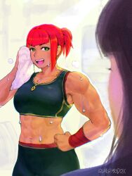 Rule 34 | 2girls, abs, aged down, biceps, crop top, green eyes, hand towel, highres, jewelry, looking back, marisa (street fighter), mole, mole under eye, multiple girls, muscular, muscular female, navel, necklace, open mouth, ponytail, quasimodox, red hair, short ponytail, sleeveless, smile, solo focus, sports bra, stomach, street fighter, street fighter 6, sweat, towel, wiping face, wrist wrap