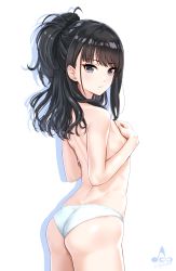 Rule 34 | 1girl, ass, black eyes, black hair, blush, breasts, covering privates, covering breasts, highres, idolmaster, idolmaster shiny colors, infinote, kazano hiori, long hair, looking at viewer, mole, mole under mouth, panties, simple background, small breasts, solo, topless, underwear, underwear only, wavy hair, white background, white panties