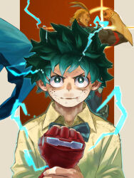 Rule 34 | 2boys, absurdres, adam&#039;s apple, aged down, all might, antenna hair, bags under eyes, black bow, black bowtie, blonde hair, blue cape, blue outline, bodysuit, boku no hero academia, bow, bowtie, bright pupils, brown background, bruise, cape, clenched hand, closed mouth, collared shirt, commentary request, determined, diffraction spikes, electricity, flexing, floating cape, freckles, green eyes, green hair, grin, hand on own wrist, hand up, hands up, happy, highres, holding own wrist, injury, looking at viewer, looking to the side, male focus, midoriya izuku, multiple boys, official alternate costume, outline, outside border, partial commentary, pillarboxed, profile, scratches, shirt, short hair, sideburns, smile, split mouth, straight-on, superhero costume, turning head, upper body, upturned eyes, v-shaped eyebrows, white pupils, wing collar, yagi toshinori, yellow shirt, yomoyama yotabanashi