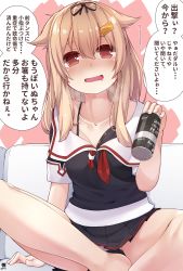 Rule 34 | 1girl, absurdres, alcohol, black ribbon, black serafuku, blonde hair, blush, breasts, can, drunk, gradient hair, hair between eyes, hair flaps, hair ornament, hair ribbon, hairclip, hibiki (zerocodo), highres, holding, holding can, kantai collection, long hair, looking at viewer, messy hair, multicolored hair, neckerchief, open mouth, panties, pantyshot, pink background, pleated skirt, red eyes, red neckerchief, ribbon, school uniform, serafuku, sitting, skirt, smile, solo, speech bubble, straight hair, two-tone background, underwear, white background, yuudachi (kancolle), yuudachi kai ni (kancolle)