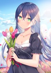 Rule 34 | 1girl, :3, black dress, blue hair, blue sky, blush, breasts, cleavage, closed mouth, cloud, collarbone, commentary request, crossed bangs, day, dress, ear piercing, field, flower, flower field, green eyes, hair between eyes, highres, holding, holding flower, jewelry, long hair, looking at viewer, medium breasts, nail polish, necklace, original, outdoors, petals, piercing, puffy sleeves, ribbon, shiino sera, short sleeves, signature, sky, smile, solo, tulip, upper body