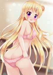 Rule 34 | 1girl, ass, bare arms, bare shoulders, blonde hair, blush, bra, breasts, butt crack, commentary request, dressing, from side, hair bun, hair ornament, highres, kin-iro mosaic, kujou karen, long hair, looking at viewer, looking to the side, medium breasts, minato ojitan, open mouth, panties, panty pull, pink bra, pink panties, polka dot, polka dot bra, polka dot panties, purple eyes, side bun, single hair bun, single side bun, solo, sparkle, standing, tears, underwear, underwear only, very long hair, x hair ornament