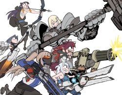 Rule 34 | 6+girls, ahoge, armor, arrow (projectile), bastion (overwatch), blonde hair, blue hair, bow (weapon), brown hair, clenched teeth, commentary, cosplay, english commentary, flat chest, gatling gun, gawr gura, gloves, gun, hammer, hanzo (overwatch), hanzo (overwatch) (cosplay), highres, hololive, hololive english, horns, irys (hololive), long sleeves, looking away, mask, mechanical wings, mercy (overwatch), mercy (overwatch) (cosplay), mouth mask, multicolored hair, multiple girls, nanashi mumei, ninomae ina&#039;nis, one eye closed, ouro kronii, overwatch, overwatch 1, pelvic curtain, ponytail, power armor, purple hair, red hair, reinhardt (overwatch), reinhardt (overwatch) (cosplay), sarashi, sharp teeth, short hair, simple background, single glove, soldier: 76 (overwatch), soldier: 76 (overwatch) (cosplay), staff, streaked hair, teeth, tentacle hair, two side up, virtual youtuber, visor, watson amelia, weapon, white background, wings, zarya (overwatch), zarya (overwatch) (cosplay), zedd (zedgawr)