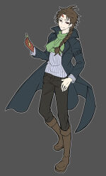 Rule 34 | 1boy, black coat, black pants, blue sweater, boots, braid, brown footwear, brown hair, chinese commentary, closed mouth, coat, commentary request, full body, green scarf, grey background, harada minoru, holding, holding pen, long sleeves, male focus, nekomiya nayile, open clothes, open coat, outline, pants, pen, red eyes, ribbed sweater, saibou shinkyoku, scar, scar on face, scar on forehead, scarf, side braid, simple background, single braid, smile, solo, sweater, white outline