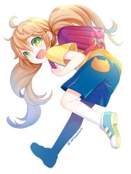 Rule 34 | 1girl, :d, ahoge, amaama to inazuma, backpack, bag, blonde hair, blush, commentary request, from behind, full body, green eyes, highres, inuzuka tsumugi, long hair, open mouth, rai miruku, randoseru, shoes, shorts, simple background, smile, sneakers, solo, twintails, twitter username, white background