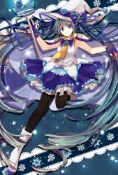 Rule 34 | 1girl, blue eyes, boots, cape, fingerless gloves, gloves, green hair, hat, hatsune miku, highres, long hair, pantyhose, sekka, skirt, smile, snowflakes, solo, twintails, very long hair, vocaloid, wand, witch hat, yuki miku