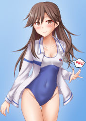 Rule 34 | 1girl, alternate costume, anti (untea9), arashio (kancolle), blue background, blush, breasts, brown eyes, brown hair, cleavage, closed mouth, collarbone, commission, competition school swimsuit, cowboy shot, gradient background, groin, hair between eyes, highres, jacket, kantai collection, long hair, one-piece swimsuit, open clothes, open jacket, school swimsuit, smile, solo, swimsuit, white jacket