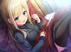 Rule 34 | 1girl, bed, black thighhighs, blonde hair, blue eyes, breasts, commentary request, fate (series), long hair, long sleeves, looking at viewer, lord el-melloi ii case files, matokechi, medium breasts, on bed, pillow, reines el-melloi archisorte, sitting, smile, solo, thighhighs