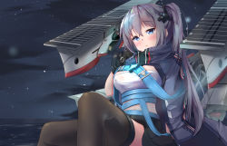 Rule 34 | 1girl, azur lane, black gloves, black skirt, black thighhighs, blue cape, blue eyes, blush, breasts, cape, cleavage, commentary, cowboy shot, crossed bangs, gloves, glowing, grey hair, hair between eyes, hair ornament, hand up, highres, intrepid (azur lane), large breasts, long hair, looking at viewer, machinery, maeru, midriff, navel, night, night sky, ocean, outdoors, parted lips, rigging, sidelocks, sitting, skirt, sky, solo, strap, thighhighs, twintails, very long hair, zettai ryouiki