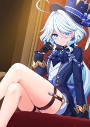 Rule 34 | 1girl, blue hair, furina (genshin impact), genshin impact, hat, highres, light blue hair, long hair, looking at viewer, smile, solo, stardrop, thighs