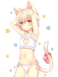 Rule 34 | 1boy, animal ears, armpits, bell, blonde hair, blue eyes, bra, breasts, cat boy, cat ears, cat lingerie, cat tail, cleavage, cleavage cutout, clothing cutout, heterochromia, highres, jingle bell, kida kuro mu, male focus, meme attire, navel, original, panties, shiro (kida kuro mu), short hair, side-tie panties, slit pupils, small breasts, solo, tail, trap, underwear, underwear only, white background, yellow eyes