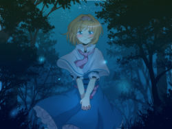 Rule 34 | 1girl, alice margatroid, bad id, bad pixiv id, blonde hair, blue eyes, blue theme, blush, capelet, dress, female focus, forest, glowing, hairband, own hands clasped, interlocked fingers, jpeg artifacts, nature, necktie, night, night sky, open mouth, own hands together, petticoat, short hair, skirt, sky, solo, standing, touhou, tree, v arms, wallpaper, yuko (artist), yuko (pixiv862266), yuuyuu (yuko)