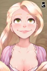 Rule 34 | 1girl, blonde hair, blush, breasts, cleavage, closed mouth, collarbone, disney, dress, eyebrows, eyelashes, female focus, green eyes, lips, long hair, looking at viewer, medium breasts, mr.takealook, nose, rapunzel, rapunzel (disney), shiny skin, smile, solo, tangled, very long hair