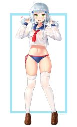 Rule 34 | alternate costume, blue border, blunt bangs, border, commentary, facial mark, full body, girls&#039; frontline, green eyes, hair ornament, hk416 (girls&#039; frontline), kir (khw66136132), mary janes, navel, neckerchief, no bra, no pants, panties, sailor collar, sailor shirt, see-through, shirt, shoes, side-tie panties, silver hair, solo, standing, teardrop, thighhighs, underwear, white background, white thighhighs