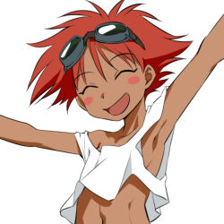 Rule 34 | 1girl, armpits, arms up, blush, blush stickers, breasts, closed eyes, cowboy bebop, edward wong hau pepelu tivrusky iv, funnyari, goggles, goggles on head, navel, open mouth, presenting armpit, red hair, short hair, simple background, small breasts, smile, solo, tank top, upper body, white background, white tank top