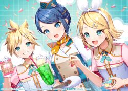Rule 34 | 1boy, 2girls, :d, ano hi no yume no kanata mukou e (project sekai), blonde hair, blue eyes, blue hair, blue headwear, blue shirt, blush, breasts, brother and sister, cherry, collarbone, commentary, copyright notice, float planner (vocaloid), food, fruit, garrison cap, grin, hair ornament, hair ribbon, hairband, hairclip, hat, holding, holding food, holding tray, kagamine len, kagamine rin, kiritani haruka, momoshiki tsubaki, more more jump! len, more more jump! rin, multiple girls, official alternate costume, official art, open mouth, project sekai, ribbon, shirt, short sleeves, siblings, small breasts, smile, sprinkles, swept bangs, tray, upper body, vocaloid, white hairband, white ribbon, white shirt, wrench ornament