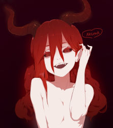 Rule 34 | 1girl, :d, big hair, doremi (doremi4704), evil smile, fangs, flat chest, hair between eyes, hand up, head tilt, horns, long hair, looking at viewer, nude, open mouth, original, pale skin, purple background, red eyes, red hair, slit pupils, smile, solo, tucking hair, upper body