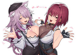 Rule 34 | 2girls, :3, ahoge, animal ears, beret, bodystocking, breast press, breasts, cat ears, cat girl, cat tail, cleavage, cleavage cutout, clothing cutout, collared shirt, finger heart, fingerless gloves, gloves, gold necklace, hair ornament, hat, heart, heart necklace, heart on chest, heterochromia, highres, hololive, houshou marine, houshou marine (businesswoman), jewelry, large breasts, motion lines, multiple girls, necklace, nekomata okayu, nekomata okayu (wonderland), official alternate costume, open mouth, orange eyes, red eyes, shirt, skirt, sleeveless, sleeveless shirt, suspender skirt, suspenders, tail, tenchisouha, virtual youtuber, white background, white shirt, x hair ornament