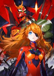 Rule 34 | 1girl, absurdres, blue eyes, bodysuit, breasts, eva 02, evangelion: 3.0+1.0 thrice upon a time, extra eyes, eyepatch, green eyes, highres, interface headset, long hair, mecha, multicolored bodysuit, multicolored clothes, neon genesis evangelion, open mouth, orange hair, panko (drive co), pilot suit, plugsuit, rebuild of evangelion, red bodysuit, robot, small breasts, solo, souryuu asuka langley, upper body