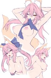 Rule 34 | 1girl, absurdres, animal ear fluff, animal ears, breasts, collarbone, fate/extra, fate (series), fox ears, fox girl, fox tail, highres, large breasts, long hair, looking at viewer, multiple views, navel, nipples, nude, open mouth, pink hair, tail, tamamo (fate), tamamo no mae (fate/extra), wisespeak, yellow eyes