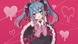 Rule 34 | 1girl, ahoge, aqua eyes, aqua hair, bare shoulders, black bow, black skirt, blush, bow, chestnut mouth, commentary request, detached sleeves, dripping, frilled skirt, frills, gradient hair, hair bow, hair ornament, hairclip, hatsune miku, heart, heart-shaped pupils, heart hands, highres, leaning forward, looking at viewer, medium hair, multicolored hair, noneon319, pink background, pink hair, pink shirt, pink sleeves, red bow, shirt, sidelocks, simple background, skirt, solo, symbol-shaped pupils, vocaloid