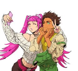Rule 34 | 1boy, 1girl, alternate costume, aran sweater, arm around shoulder, bad id, bad twitter id, belt, blunt bangs, brown hair, cable knit, cellphone, claude von riegan, collarbone, contemporary, cowboy shot, dark skin, deba, fire emblem, fire emblem: three houses, green eyes, hair slicked back, hand on own face, hilda valentine goneril, jewelry, lips, lipstick, long hair, makeup, matching hair/eyes, midriff, nail polish, navel, necklace, nintendo, off-shoulder sweater, off shoulder, one eye closed, overalls, pants, phone, pink eyes, pink nails, puckered lips, scrunchie, selfie, short hair, simple background, smartphone, spaghetti strap, sweater, twintails, v, v-neck, white background, wink, yellow nails