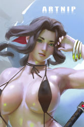 Rule 34 | 1girl, aerith gainsborough, artnip, bangle, black one-piece swimsuit, blue sky, bow, bracelet, breasts, brown hair, commentary, covered erect nipples, cropped, english commentary, final fantasy, final fantasy vii, final fantasy vii remake, green eyes, hair bow, jewelry, large breasts, lips, long hair, looking at viewer, nose, one-piece swimsuit, red bow, shiny skin, sky, slingshot swimsuit, solo, square enix, staff, strap gap, string choker, swimsuit, thick eyebrows, tri drills, upper body