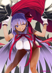 Rule 34 | 1girl, bare shoulders, bb (fate), bb (fate) (all), bb (swimsuit mooncancer) (fate), bb (swimsuit mooncancer) (third ascension) (fate), black coat, blush, breasts, closed mouth, coat, unworn coat, dark-skinned female, dark skin, fate/grand order, fate (series), gloves, hair ribbon, highleg, highleg leotard, ifuji shinsen, large breasts, leotard, licking lips, long hair, looking at viewer, neck ribbon, one eye closed, purple eyes, purple hair, red ribbon, ribbon, smile, solo, tan, thighs, tongue, tongue out, very long hair, white gloves, white leotard