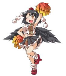 Rule 34 | 1girl, adapted costume, arm up, armpits, black hair, black wings, blush, breasts, brown eyes, cheerleader, full body, fun bo, geta, hat, looking at viewer, marisa to alice no cookie storia, navel, one eye closed, open mouth, pom pom (cheerleading), pom pom (clothes), shameimaru aya, shirt, short hair, simple background, skirt, sleeveless, sleeveless shirt, smile, solo, tengu-geta, tokin hat, touhou, white background, wings