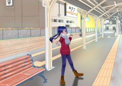 Rule 34 | 1girl, absurdres, artist name, artist request, blue hair, blue pants, blush, boots, brown footwear, check translation, commentary request, cross-laced footwear, female focus, floating hair, full body, grey scarf, hair between eyes, high ponytail, highres, indoors, jacket, long hair, looking at viewer, love live!, love live! sunshine!!, matsuura kanan, pants, parted lips, ponytail, purple eyes, reaching, reaching towards viewer, red jacket, scarf, smile, solo, standing, translated, translation request, wavy hair