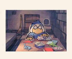 Rule 34 | 1boy, bed, blue hat, blue robe, book, bookmark, border, broom, claws, closed mouth, commentary request, door, fangs, fangs out, glasses, hat, indoors, kamek, long sleeves, mario (series), nintendo, opaque glasses, open book, origami, paper, paper crane, paper mario, paper mario: the origami king, rinabee (rinabele0120), robe, round eyewear, solo, sweatdrop, table, white border, window