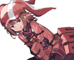 Rule 34 | 1girl, :q, alchemaniac, bandana, brown eyes, brown hair, commentary, dutch angle, hat, jacket, llenn (sao), long sleeves, looking at viewer, medium hair, pink jacket, red bandana, simple background, sitting, smile, solo, sword art online, sword art online alternative: gun gale online, tongue, tongue out, white background