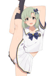 Rule 34 | arm behind head, arms up, black socks, blue bow, blue bowtie, bow, bowtie, check commentary, commentary request, crotch, crotch seam, green hair, grey eyes, hair bow, highres, holding leg, idolmaster, idolmaster million live!, leg up, legs, light blush, looking at viewer, mole, mole under eye, nanakura nanane, open mouth, panties, pantyshot, pink wristband, pleated skirt, sailor collar, shiika (idolmaster), shirt, short hair, short sleeves, skirt, smile, socks, standing, standing on one leg, teeth, thighs, underwear, upper teeth only, white panties, white sailor collar, white shirt, white skirt, wristband