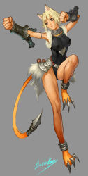 Rule 34 | 1girl, animal ears, ariverkao, armpits, black eyes, blonde hair, breasts, claws, covered erect nipples, fighting stance, highres, large breasts, leotard, original, punching, short hair, skirt, solo, tail