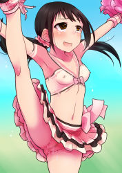 Rule 34 | 10s, 1girl, armpits, black hair, bodypaint, breasts, brown eyes, censored, cheerleader, heart, heart-shaped pupils, idolmaster, idolmaster cinderella girls, leg up, long hair, nakano yuka, no panties, open mouth, outstretched arms, outstretched leg, painted clothes, pink skirt, pom pom (cheerleading), pussy, pussy juice, shinkai kiiro, skirt, small breasts, smile, solo, symbol-shaped pupils, tears, topless, twintails, upskirt