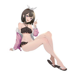 Rule 34 | 1girl, :d, absurdres, bare legs, bare shoulders, bikini, black bikini, black choker, black hair, blue archive, bow, choker, collarbone, commentary, deatheach, full body, hair bow, halterneck, hand up, highres, index finger raised, invisible chair, jacket, long sleeves, looking at viewer, mashiro (blue archive), mashiro (swimsuit) (blue archive), off shoulder, open clothes, open jacket, open mouth, pink jacket, purple eyes, sandals, short hair, simple background, sitting, smile, solo, stomach, swimsuit, white background, white bow