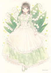 Rule 34 | 1girl, apron, ascot, black hair, blunt ends, brooch, buttons, clothing request, collared dress, commission, double-breasted, dress, dress grab, flower, frilled apron, frilled dress, frills, full body, green dress, green eyes, green footwear, hisakata (hisa nn), jewelry, juliet sleeves, leaf, long dress, long sleeves, looking at viewer, maid apron, maid headdress, medium hair, original, plant, puffy sleeves, skeb commission, sleeve cuffs, solo, twitter username, two-tone dress, white apron, white ascot, white background, white dress, white flower