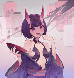 Rule 34 | 1girl, absurdres, alcohol, bob cut, breasts, cup, eyeliner, fangs, fate/grand order, fate (series), headpiece, highres, horns, japanese clothes, kimono, long sleeves, looking at viewer, makeup, oni, open mouth, purple eyes, purple hair, purple kimono, revealing clothes, sakazuki, sake, short eyebrows, short hair, shuten douji (fate), skin-covered horns, slit pupils, small breasts, smile, solo, yayako (804907150)