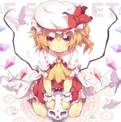 Rule 34 | 1girl, ascot, blonde hair, bug, butterfly, fang, female focus, flandre scarlet, hat, bug, ogipote, petals, red eyes, short hair, side ponytail, sitting, skull, solo, embodiment of scarlet devil, touhou, wariza, wings, wrist cuffs