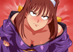 Rule 34 | 1girl, bare shoulders, breasts, brown eyes, brown hair, cleavage, hairband, japanese clothes, kanzaki sumire, looking at viewer, mole, mole under eye, sakura taisen