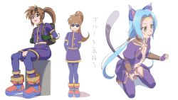 Rule 34 | 2girls, :d, animal ears, blue hair, brown hair, cat ears, cat tail, eyewear on head, full body, gloves, green eyes, highres, kaien advance, long hair, looking at viewer, low twintails, meracle chamlotte, multiple girls, navel, o-ring, open mouth, pantyhose, ponytail, precis neumann, simple background, skirt, smile, star ocean, star ocean the last hope, star ocean the second story, tail, thighhighs, torn clothes, twintails, white background