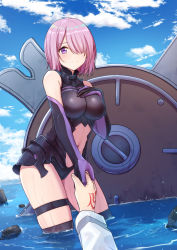 Rule 34 | 1girl, armor, ars.rin, bare shoulders, blush, breasts, commentary request, elbow gloves, fate/grand order, fate (series), gloves, hair over one eye, hand tattoo, holding hands, in water, large breasts, looking at viewer, mash kyrielight, navel, outdoors, pink hair, purple eyes, purple hair, shield, short hair, solo focus, tattoo, thigh strap, wading