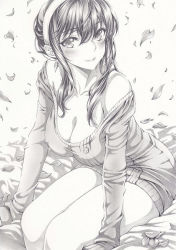 1girl blush breasts cleavage graphite_(medium) greyscale headband legs looking_at_viewer mikuro monochrome petals sitting smile solo spy_x_family traditional_media yor_briar