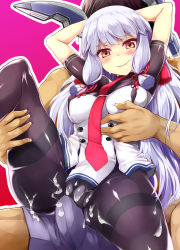 Rule 34 | 1boy, 1girl, black pantyhose, blunt bangs, breasts, bulge, cum, cum on body, cum on clothes, cum on lower body, dress, erection, erection under clothes, girl on top, hair ribbon, headgear, highres, kantai collection, long hair, looking at viewer, murakumo (kancolle), necktie, orange eyes, pantyhose, red neckwear, ribbon, sailor dress, short eyebrows, sidelocks, silver hair, sitting, sitting on lap, sitting on person, small breasts, smile, solo focus, spread legs, strapless, strapless dress, thighband pantyhose, toyo (toyozine2009), tress ribbon
